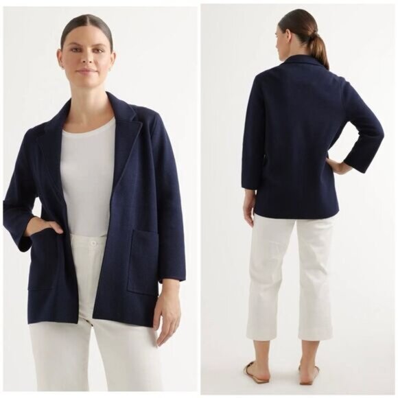 Quince Navy 100% Organic Cotton Knit Open Front Blazer Size Medium - Picture 1 of 11